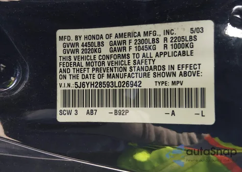 2003 Honda Element Ex z USA, uszkodzony, nr VIN 5J6YH28593L026942